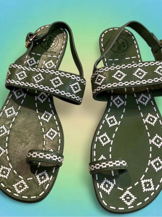 Tory Burch Shoes - Tory Burch Olive Green Embroidered Leather Sandals